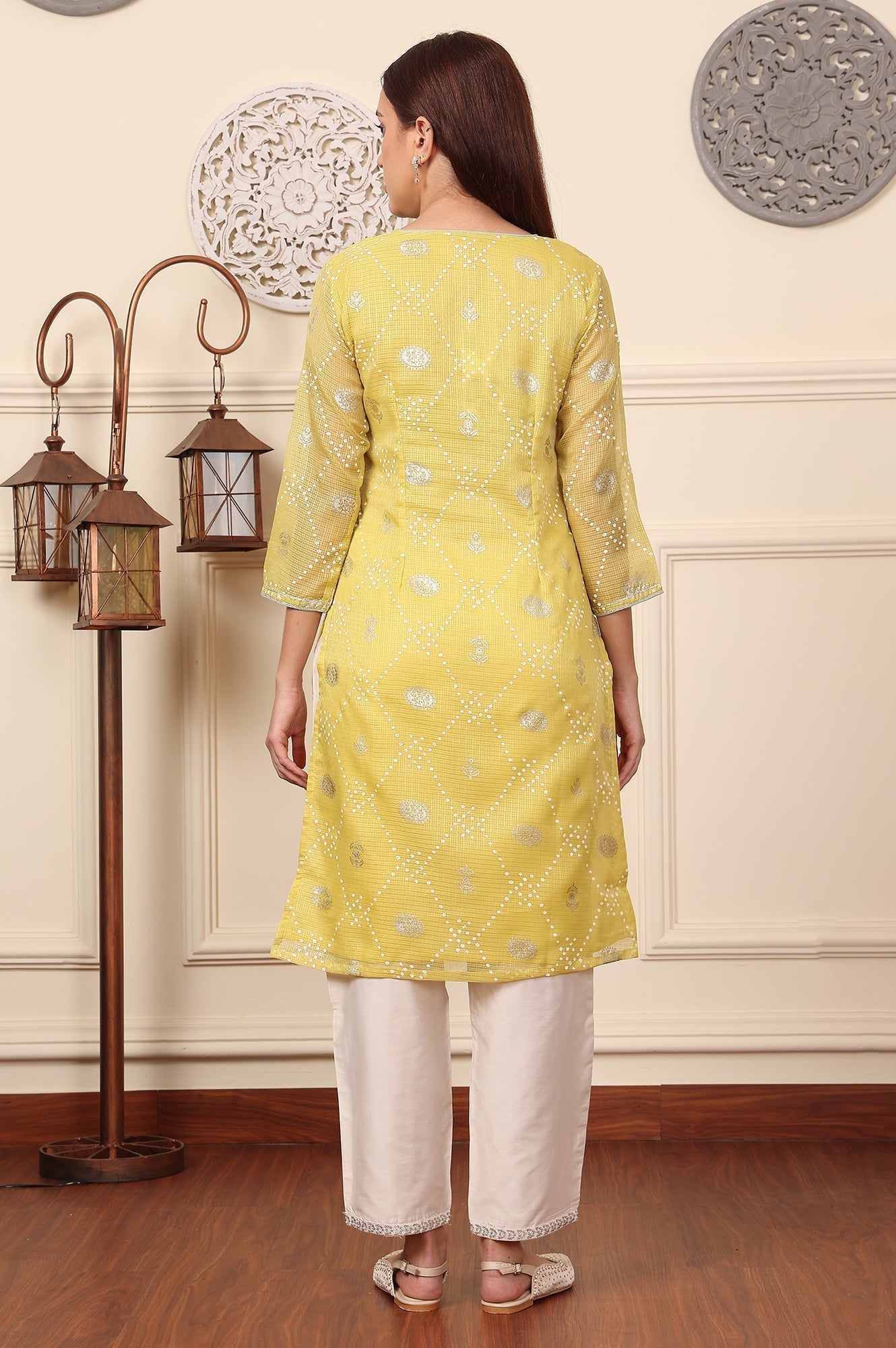 W for Woman Yellow Geometric Foil Printed Zari Embroidered Straight Kota Doriya Kurta