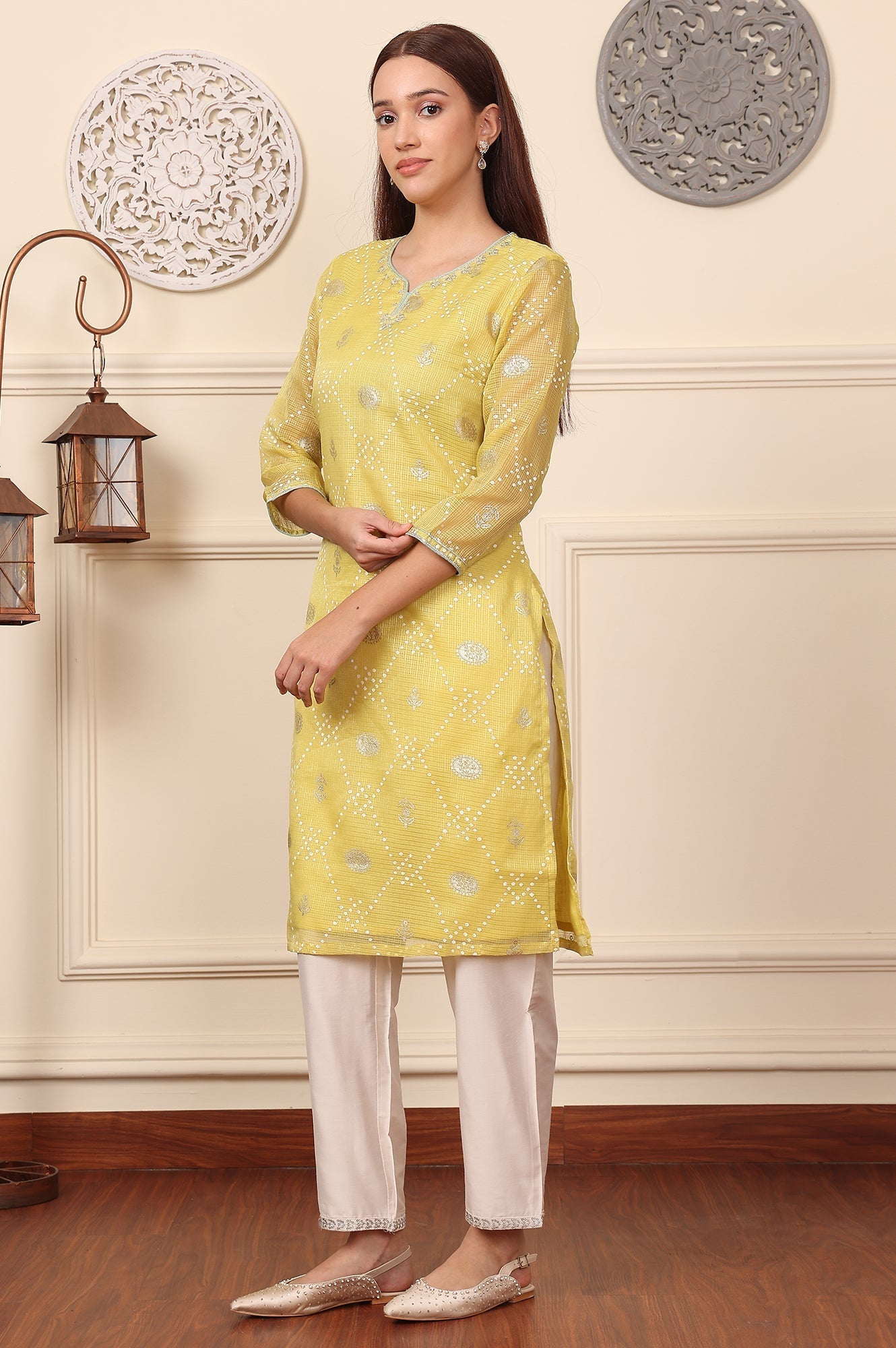 W for Woman Yellow Foil Printed Kota Doriya Kurta With Zari Embroidered Neck