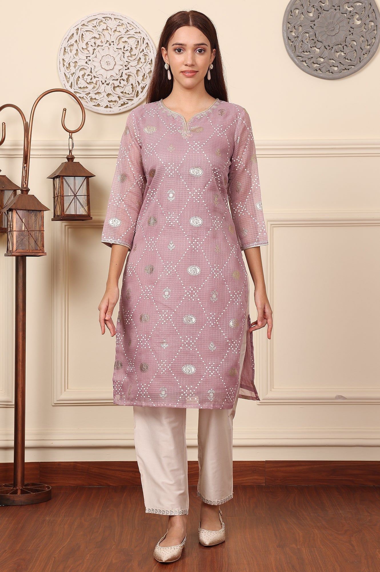 W for Woman Purple Geometric Foil Printed Zari Embroidered Straight Kota Doriya Kurta
