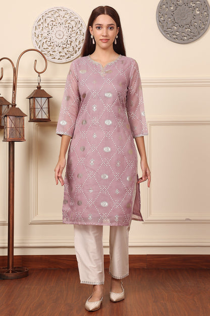 W for Woman Purple Geometric Foil Printed Zari Embroidered Straight Kota Doriya Kurta
