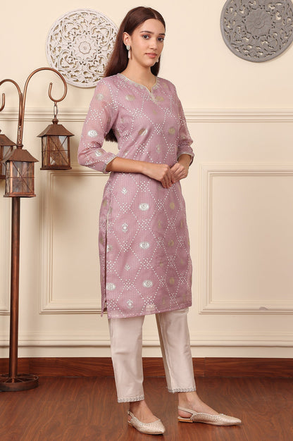 W for Woman Lilac Foil Printed Kota Doriya Kurta With Zari Embroidered Neck