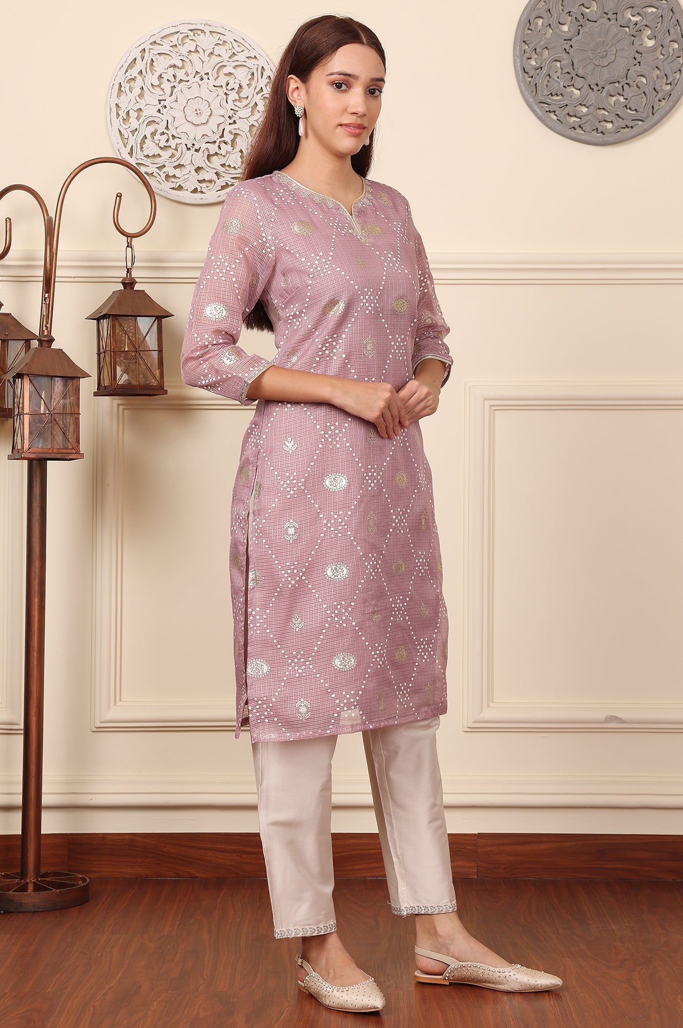 W for Woman Purple Geometric Foil Printed Zari Embroidered Straight Kota Doriya Kurta