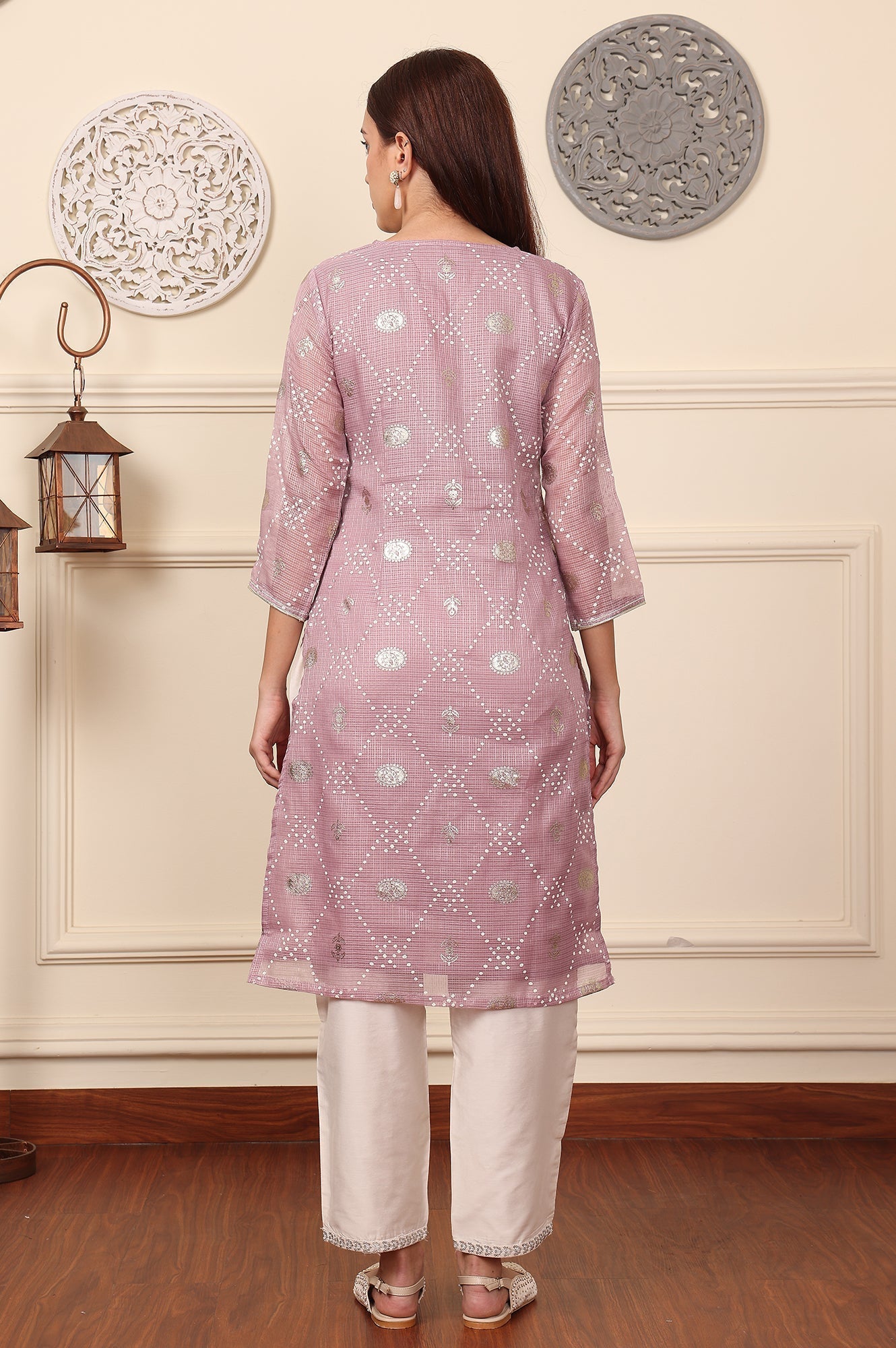 W for Woman Purple Geometric Foil Printed Zari Embroidered Straight Kota Doriya Kurta