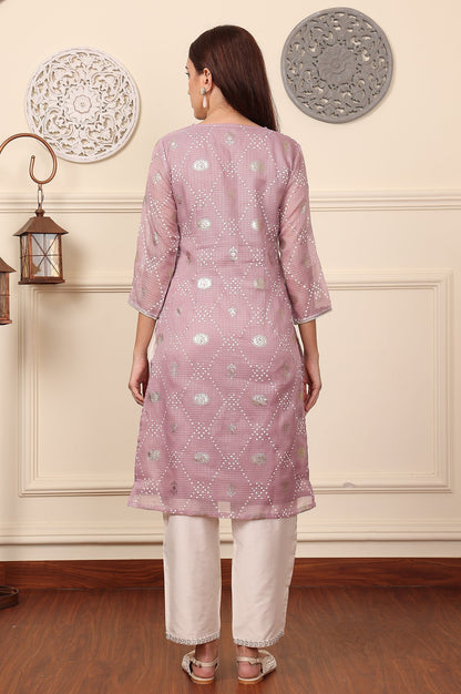 W for Woman Purple Geometric Foil Printed Zari Embroidered Straight Kota Doriya Kurta