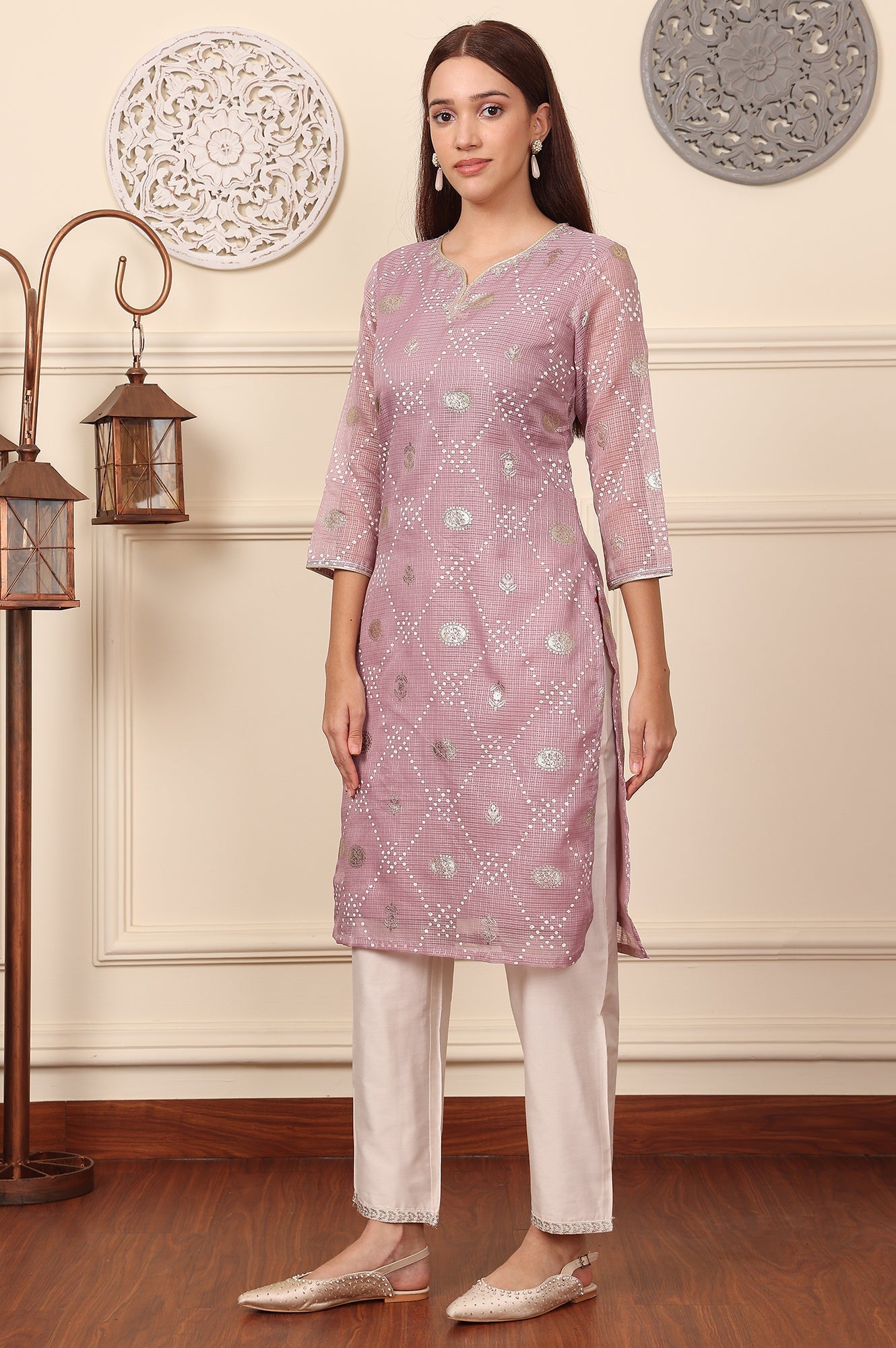 W for Woman Purple Geometric Foil Printed Zari Embroidered Straight Kota Doriya Kurta