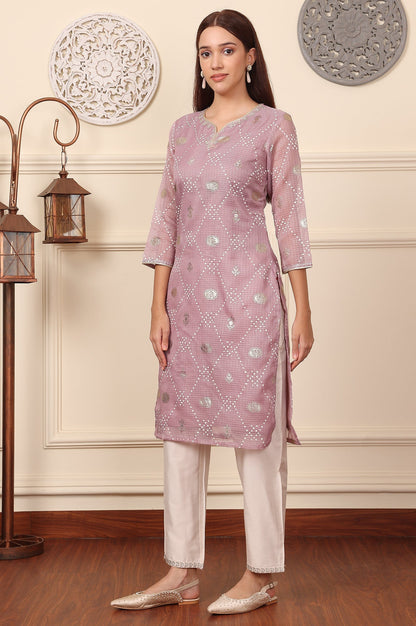 W for Woman Purple Geometric Foil Printed Zari Embroidered Straight Kota Doriya Kurta