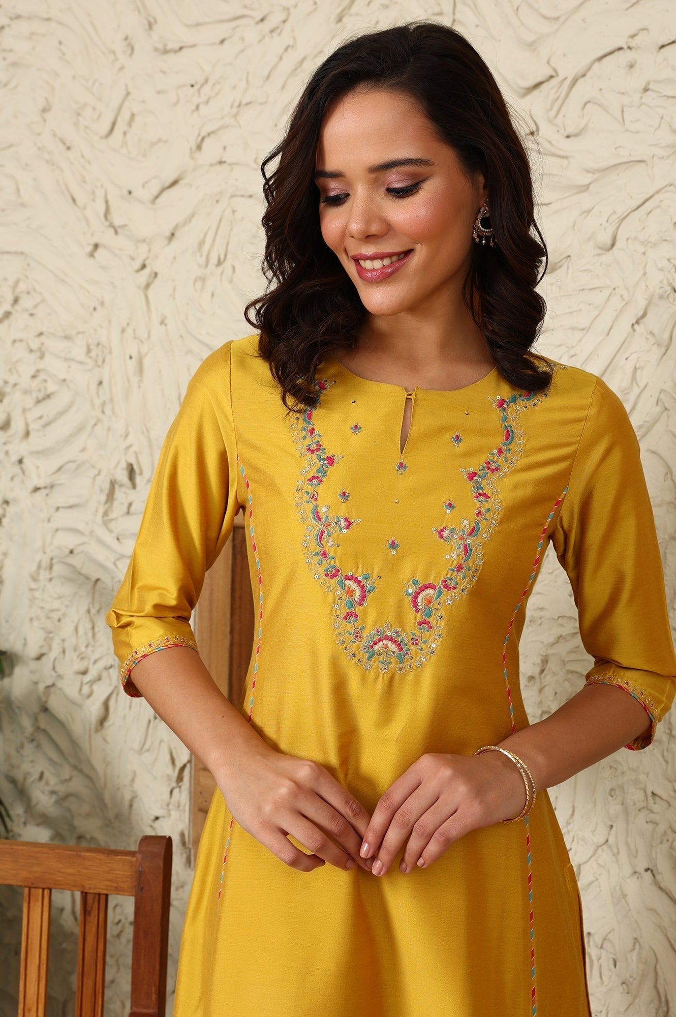 W for Woman Yellow Solid Dori Embroidered Festive Straight Kurta