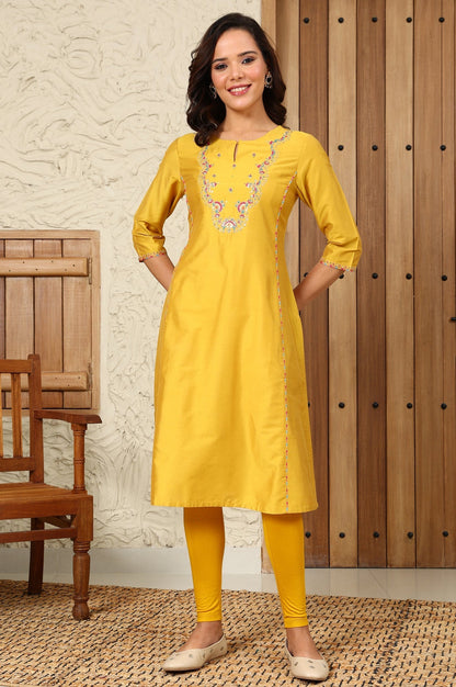 W for Woman Yellow Solid Dori Embroidered Festive Straight Kurta
