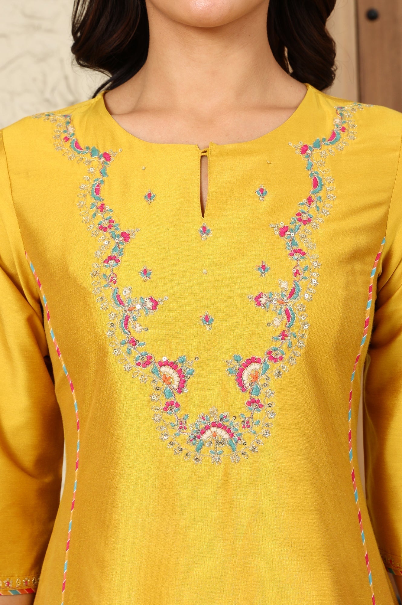 W for Woman Yellow Solid Dori Embroidered Festive Straight Kurta