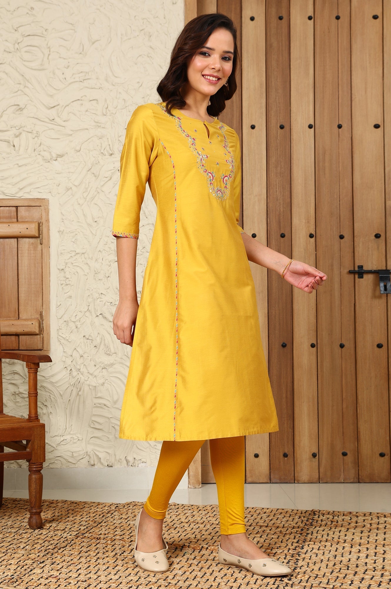 W for Woman Yellow Solid Dori Embroidered Festive Straight Kurta