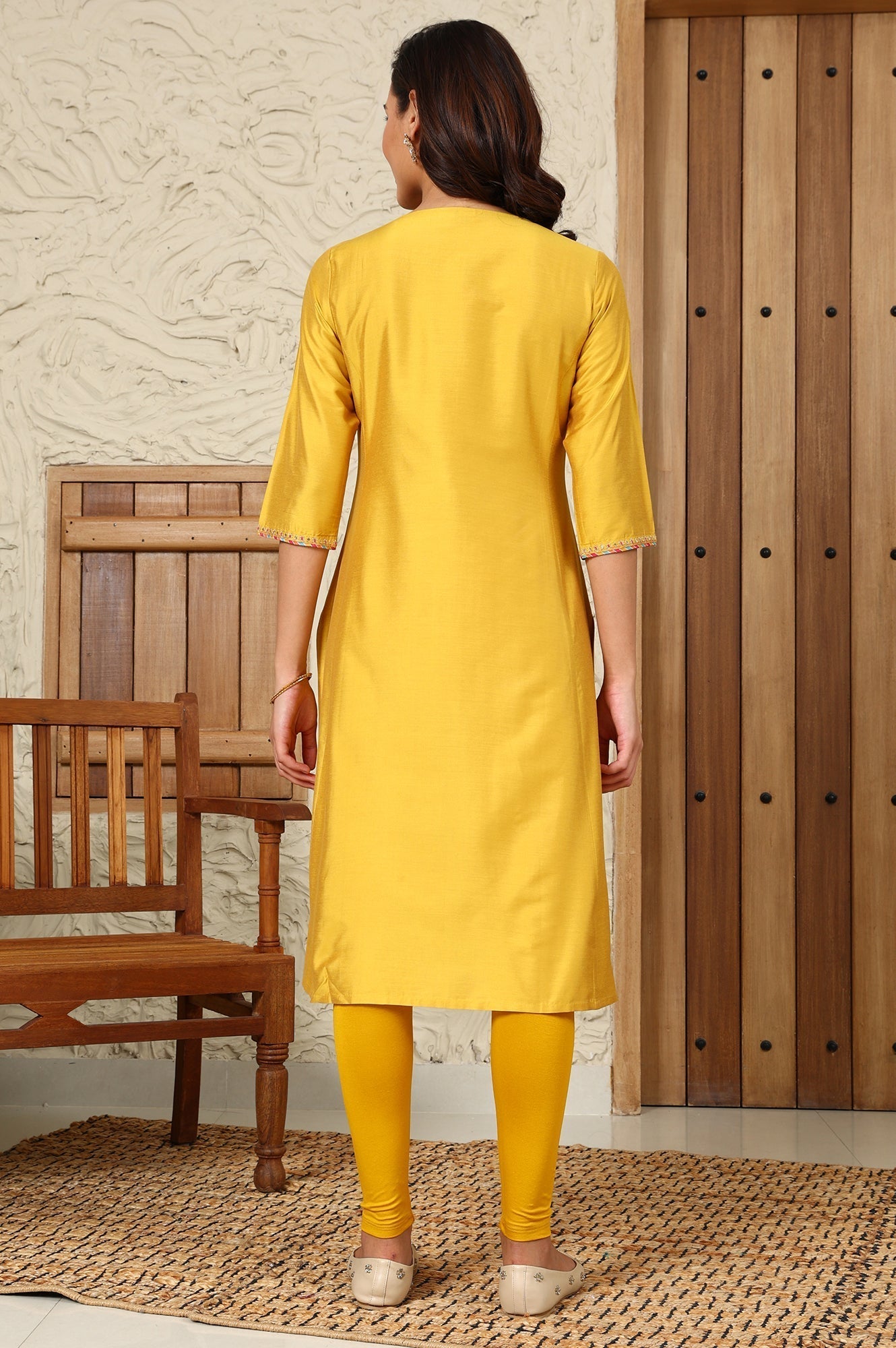 W for Woman Yellow Solid Dori Embroidered Festive Straight Kurta