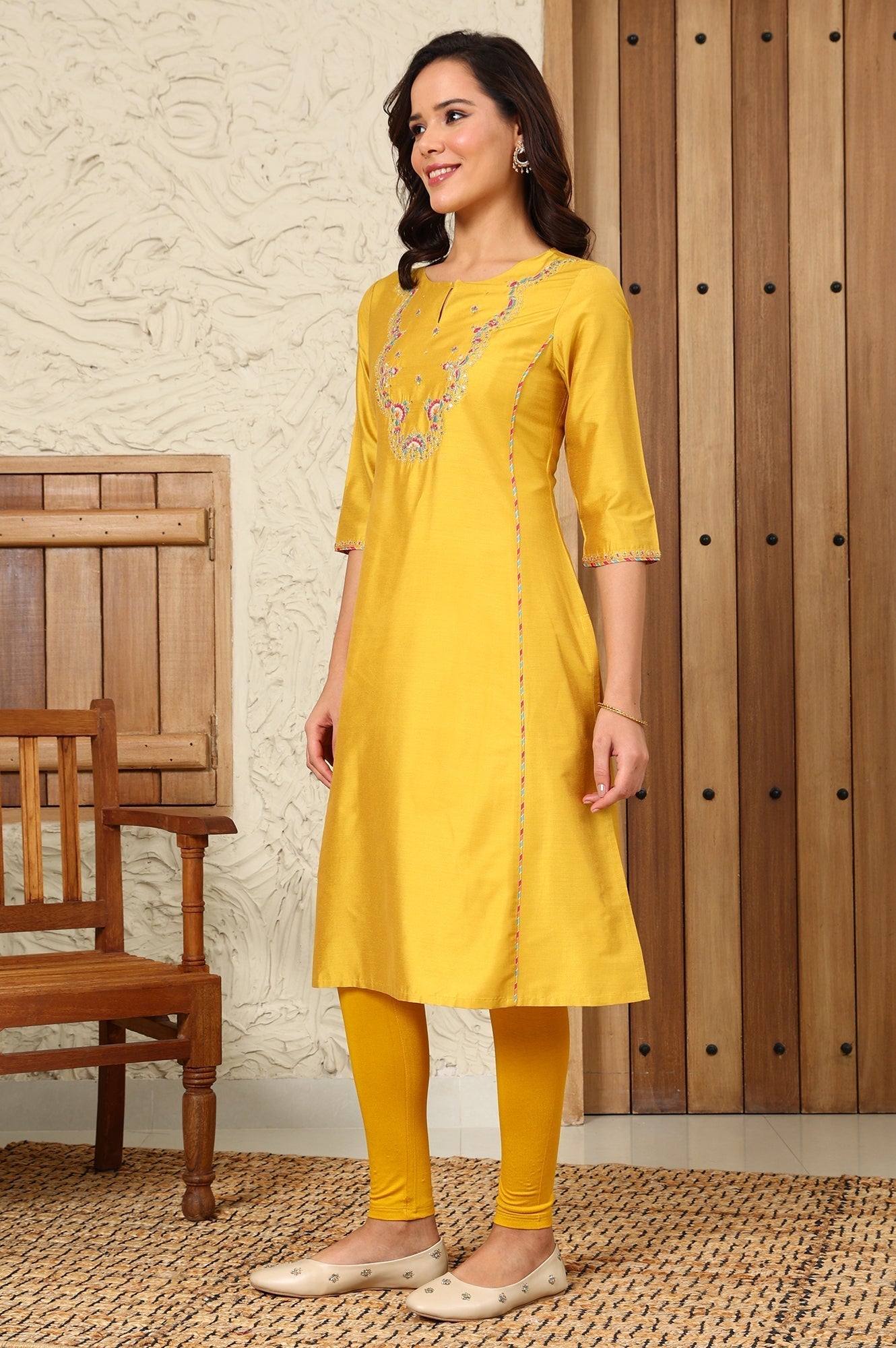 W for Woman Yellow Solid Dori Embroidered Festive Straight Kurta