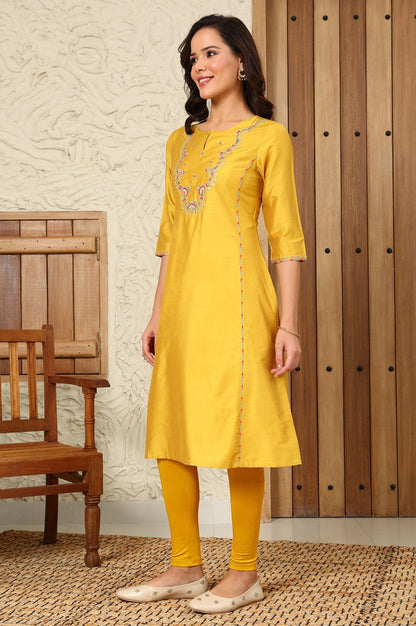 W for Woman Yellow Solid Dori Embroidered Festive Straight Kurta