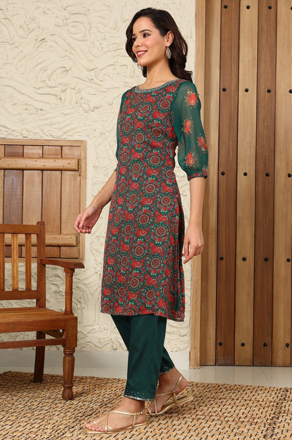 W for Woman Green Floral Printed Dori Embroidered Chiffon Kurta With Attached Lining