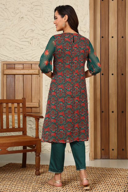 W for Woman Green Floral Printed Dori Embroidered Chiffon Kurta With Attached Lining