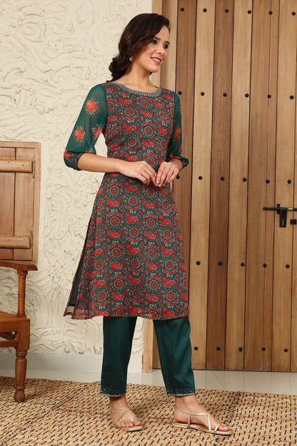 W for Woman Green Floral Printed Dori Embroidered Chiffon Kurta With Attached Lining
