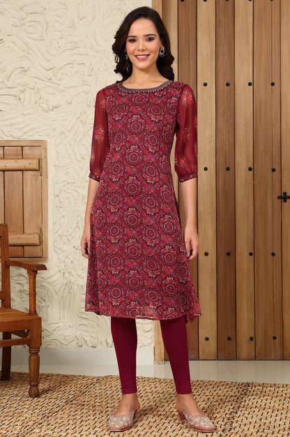 W for Woman Wine Floral Printed Dori Embroidered Chiffon Kurta With Attached Lining