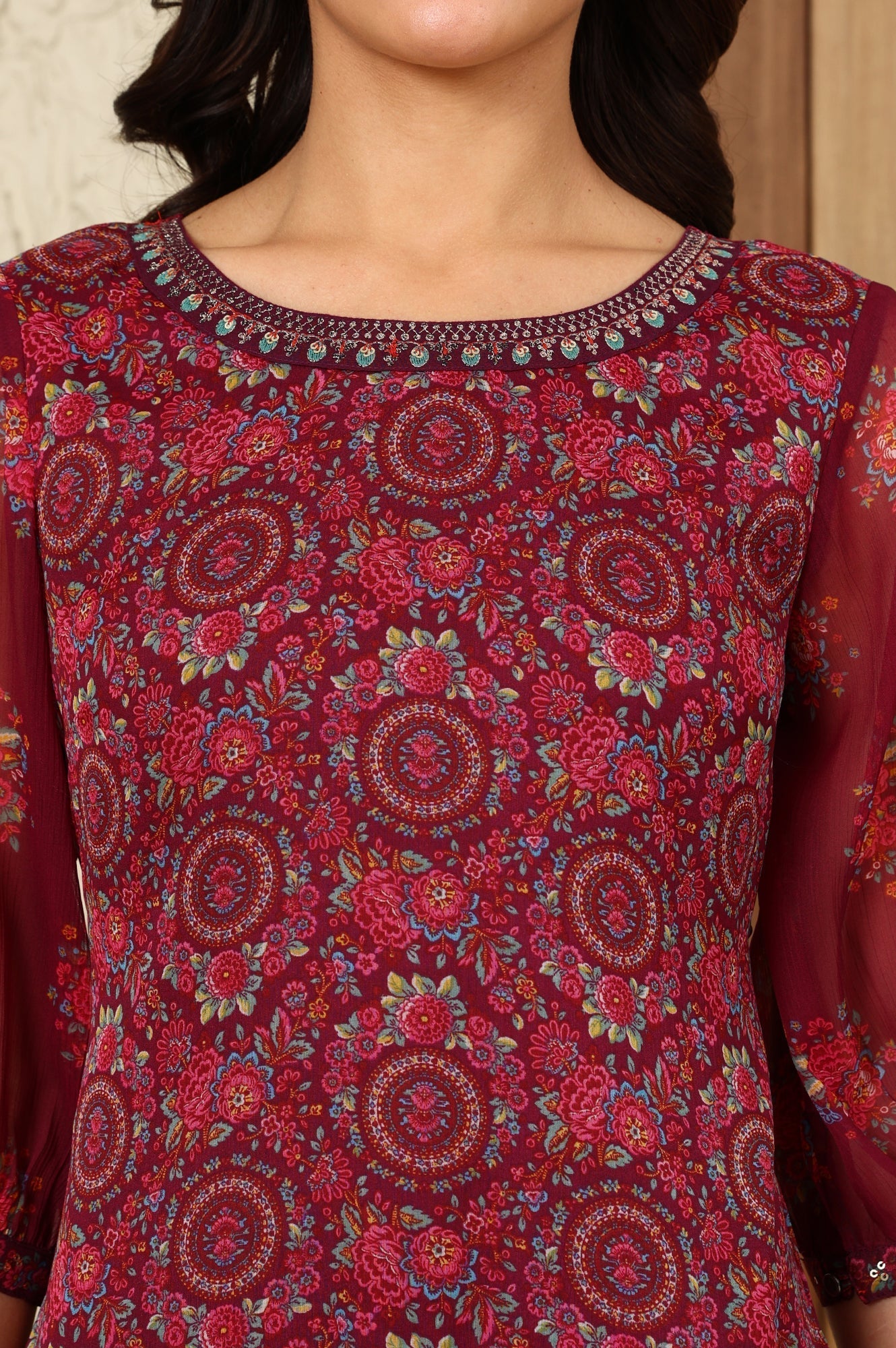 W for Woman Wine Floral Printed Dori Embroidered Chiffon Kurta With Attached Lining
