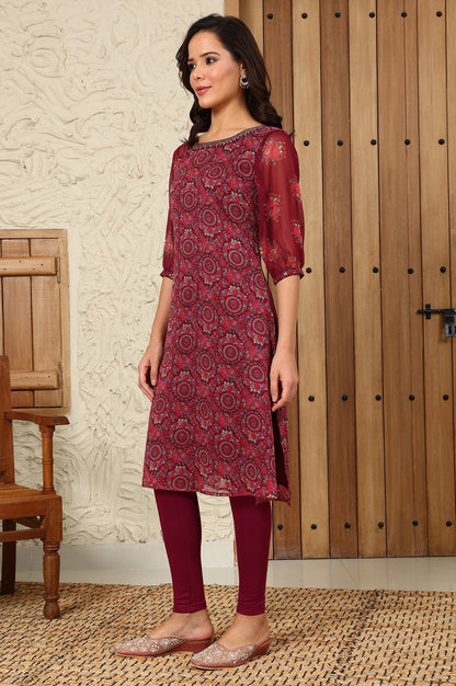W for Woman Wine Floral Printed Dori Embroidered Chiffon Kurta With Attached Lining