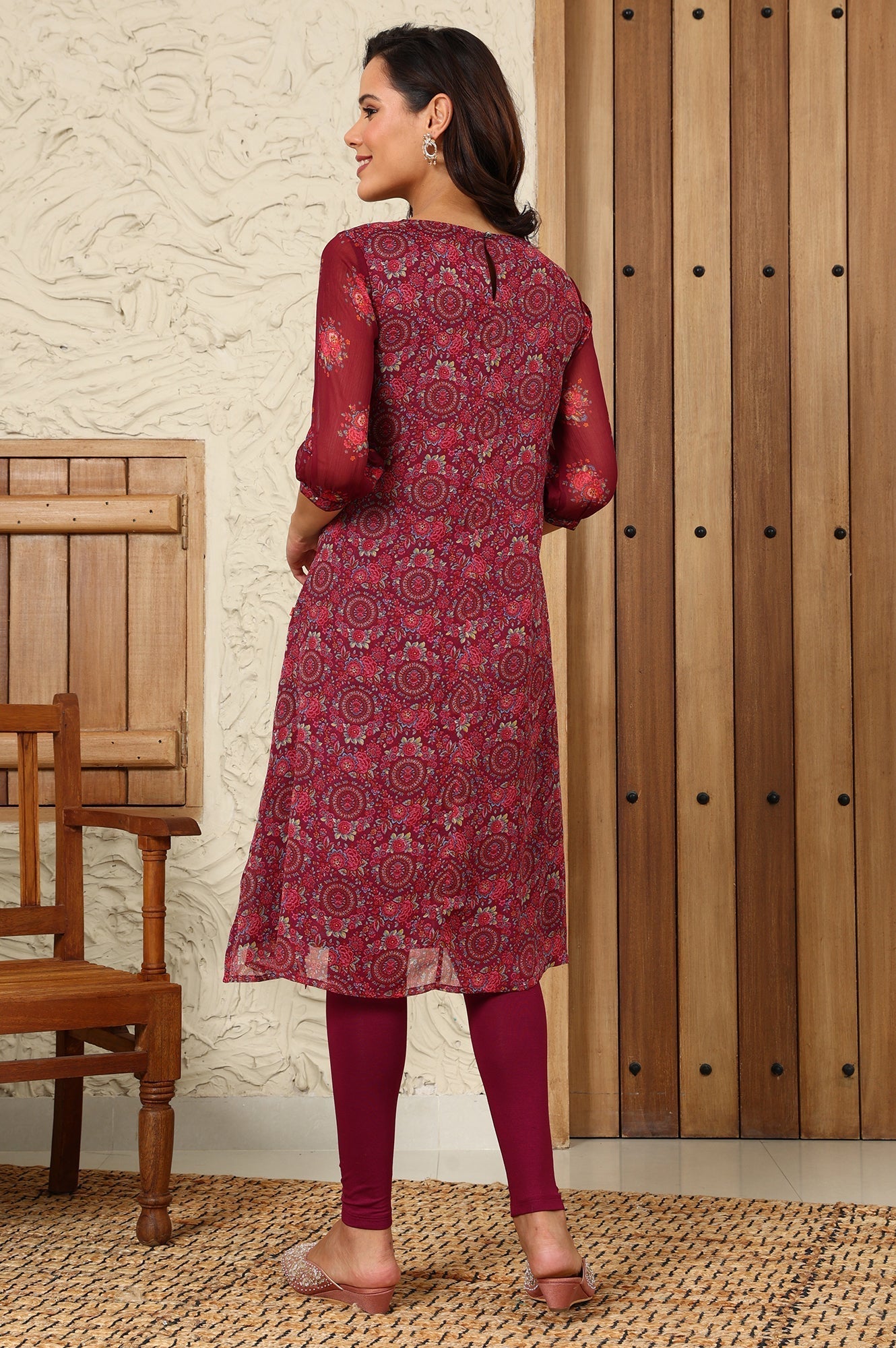 W for Woman Wine Floral Printed Dori Embroidered Chiffon Kurta With Attached Lining