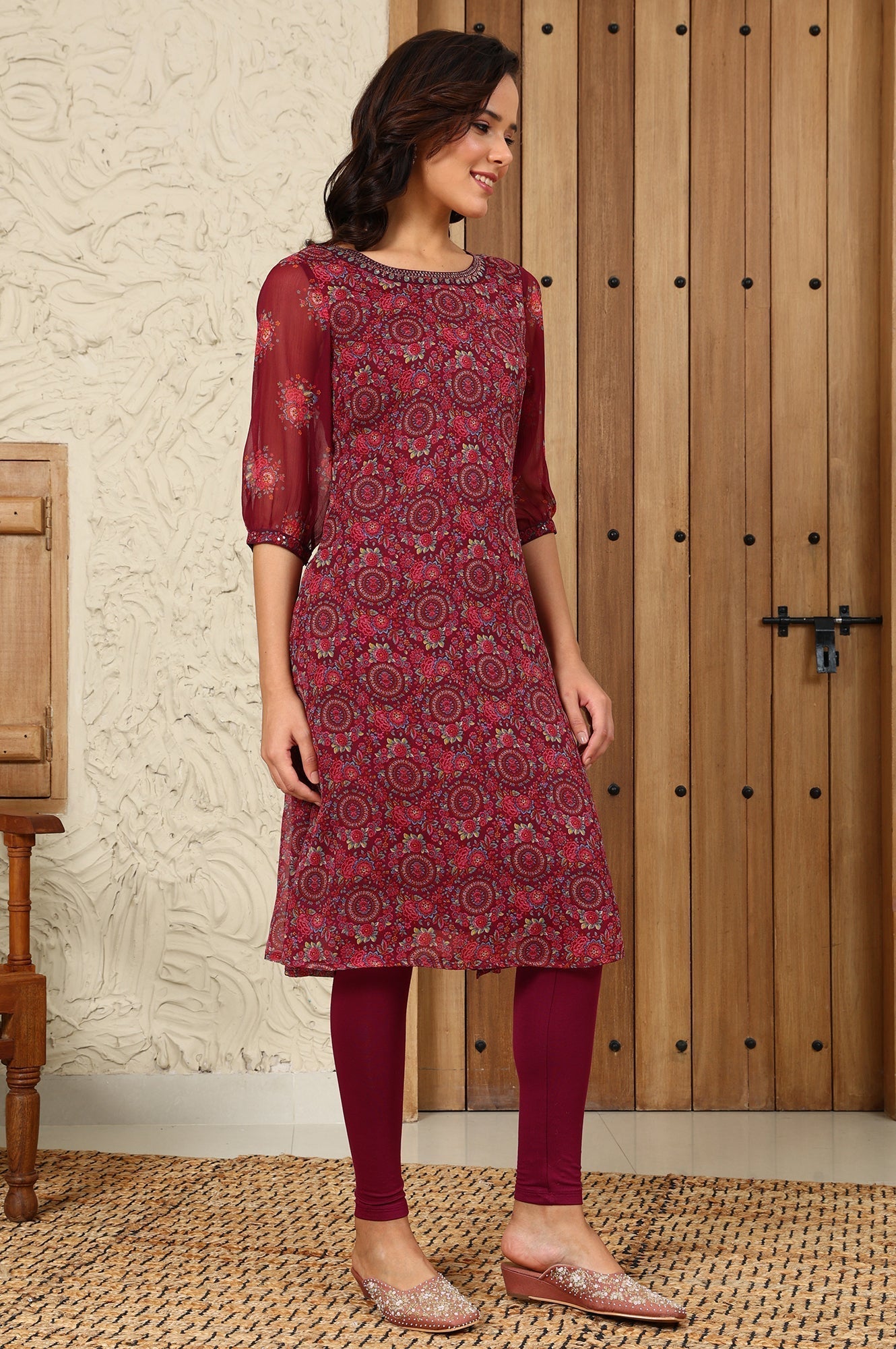 W for Woman Wine Floral Printed Dori Embroidered Chiffon Kurta With Attached Lining