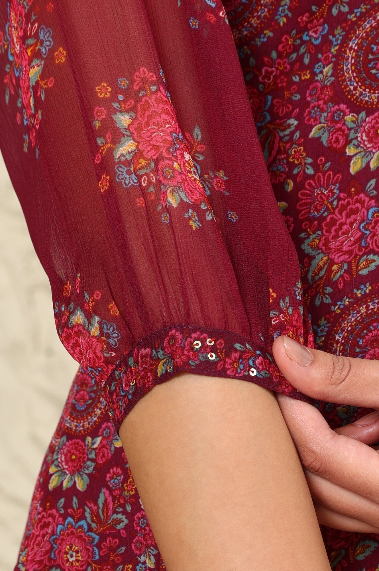 W for Woman Wine Floral Printed Dori Embroidered Chiffon Kurta With Attached Lining