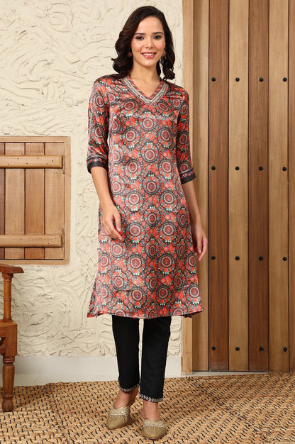 W for Woman Black Floral Printed Embellished Japanese Satin Straight Kurta