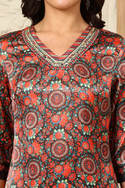 W for Woman Black Floral Printed Embellished Japanese Satin Straight Kurta