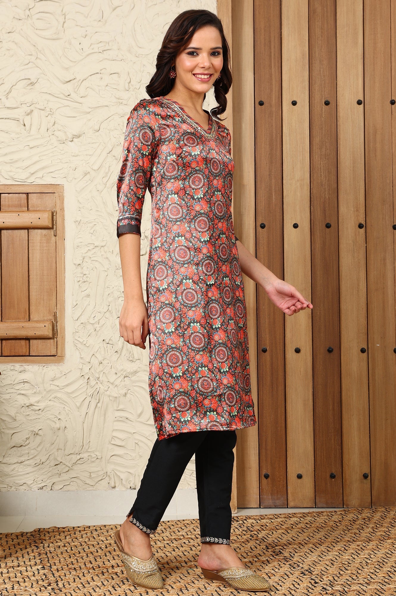 W for Woman Black Floral Printed Embellished Japanese Satin Straight Kurta