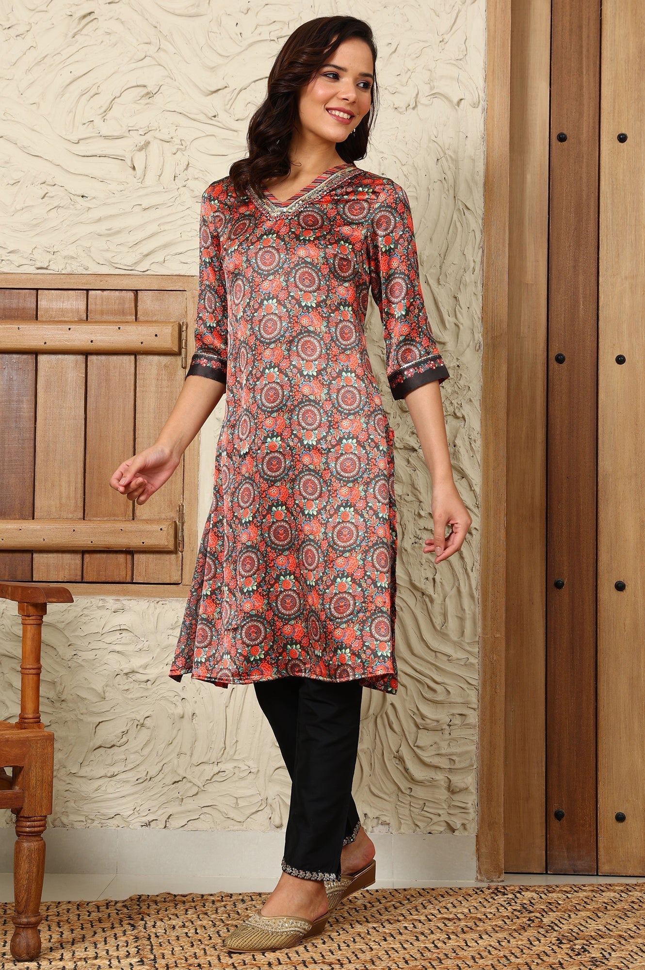W for Woman Black Floral Printed Embellished Japanese Satin Straight Kurta