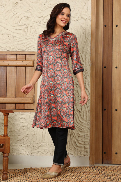 W for Woman Black Floral Printed Embellished Japanese Satin Straight Kurta