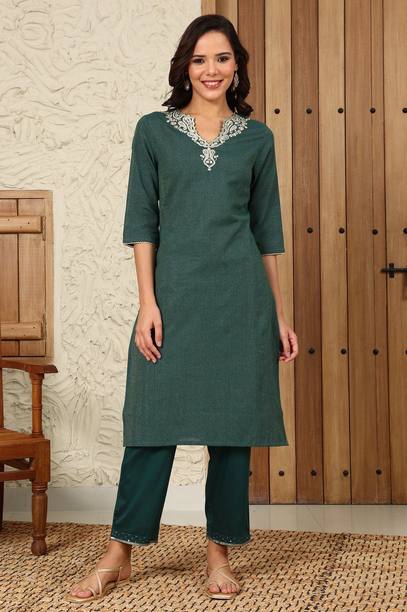 W for Woman Green Striped Yarn-Dyed Embroidered Straight Cotton Kurta
