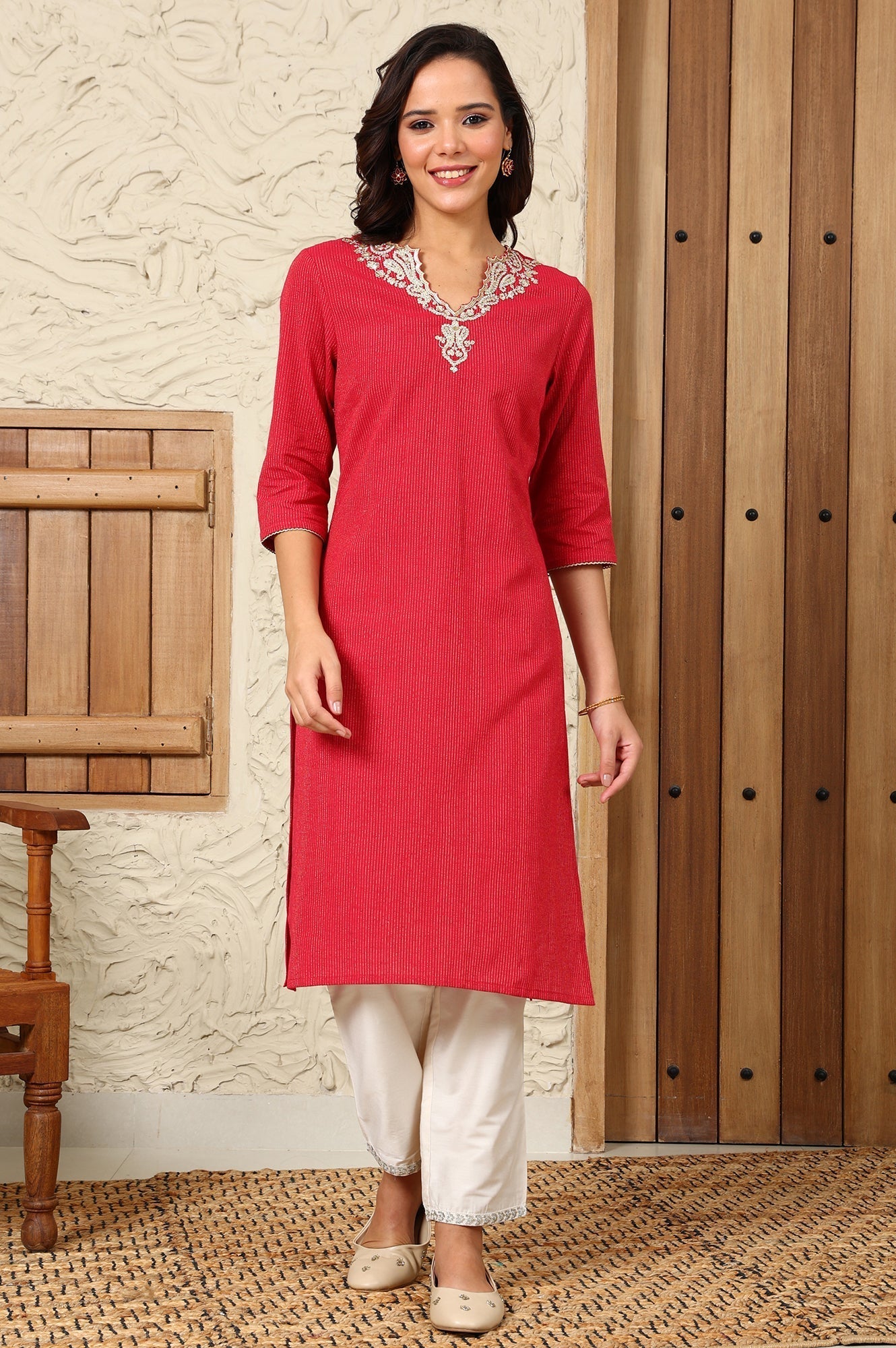 W for Woman Red Striped Yarn-Dyed Embroidered Straight Cotton Kurta