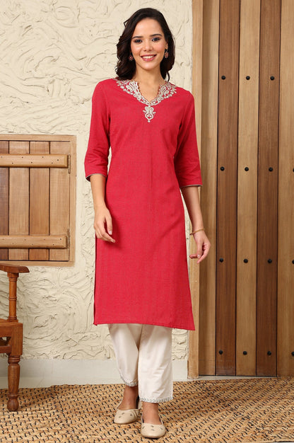 W for Woman Fuchsia Pink Yarn-Dyed Embroidered Cotton Flax Straight Kurta With Lurex Stripes