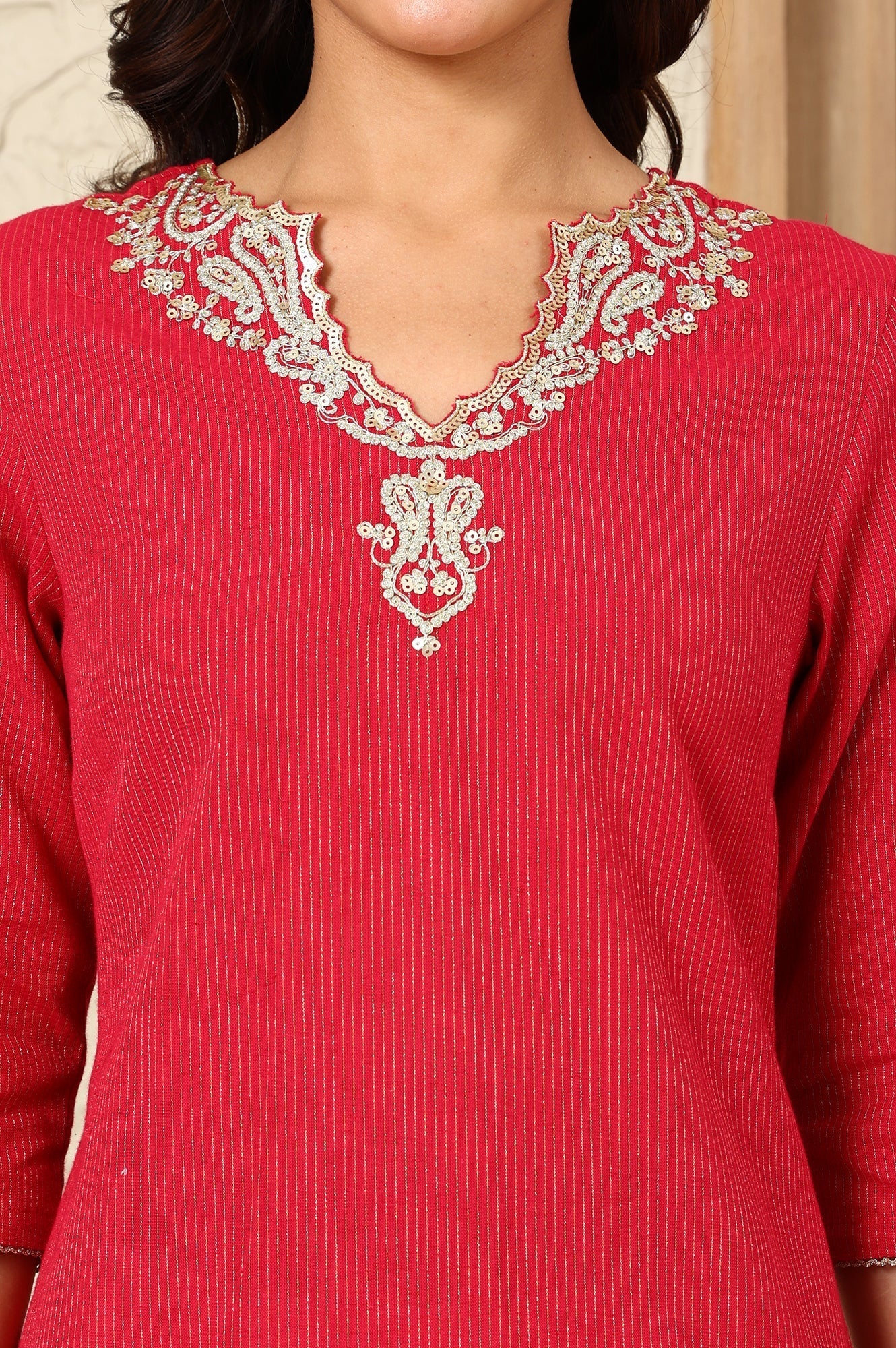 W for Woman Red Striped Yarn-Dyed Embroidered Straight Cotton Kurta