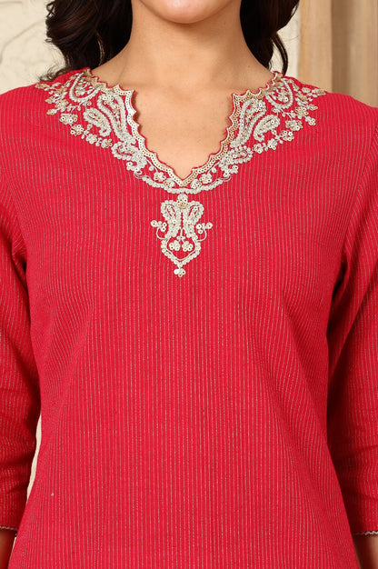 W for Woman Fuchsia Pink Yarn-Dyed Embroidered Cotton Flax Straight Kurta With Lurex Stripes
