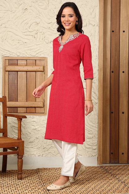 W for Woman Fuchsia Pink Yarn-Dyed Embroidered Cotton Flax Straight Kurta With Lurex Stripes