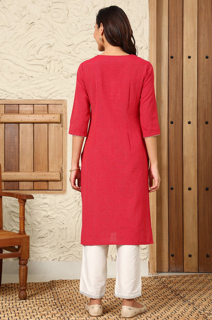 W for Woman Red Striped Yarn-Dyed Embroidered Straight Cotton Kurta