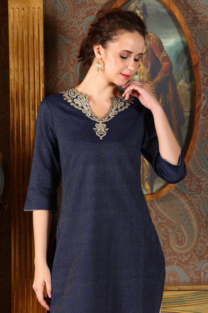 W for Woman Blue Cotton Lurex Festive Kurta With Embroidered Neckine