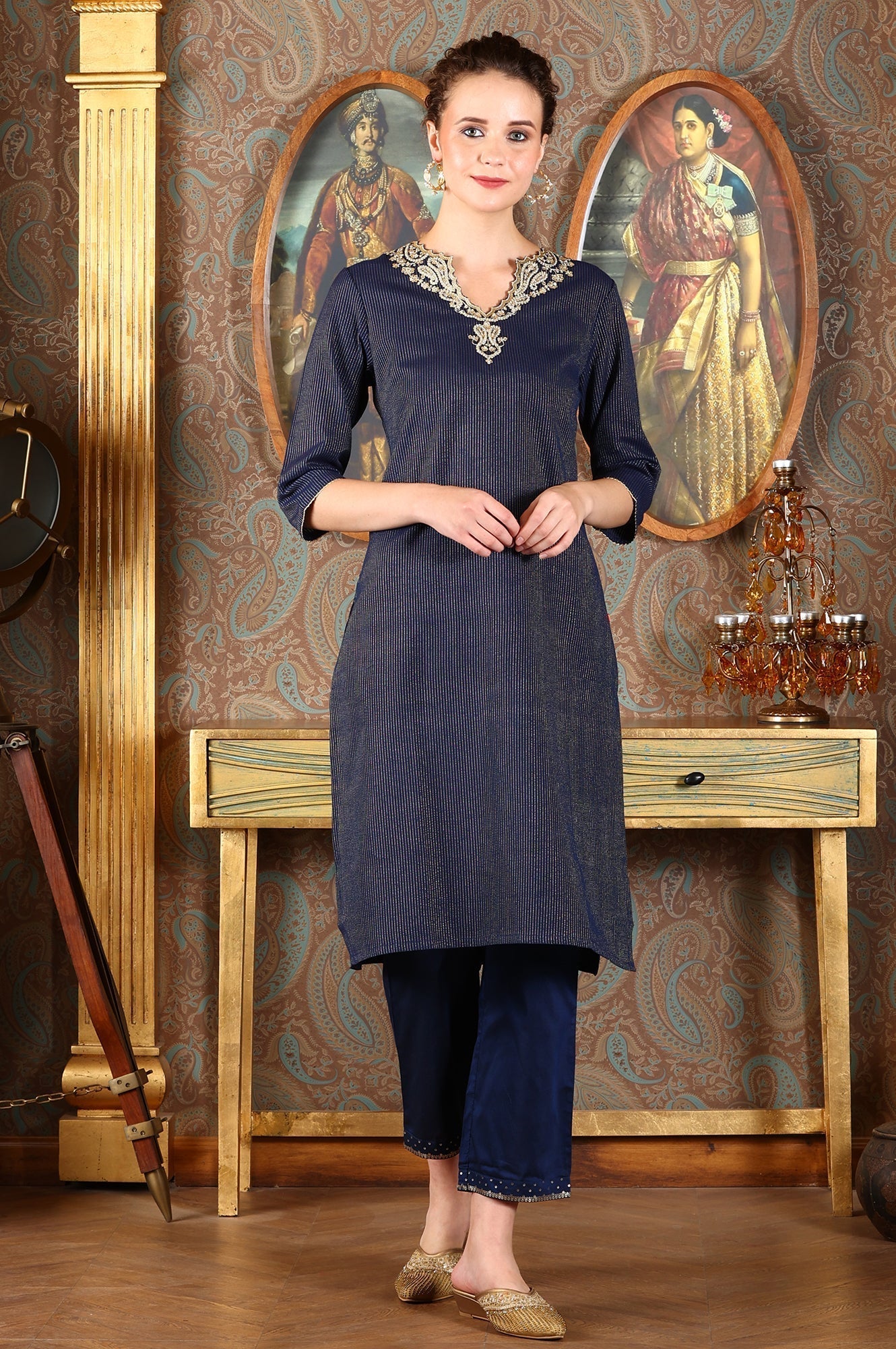 W for Woman Blue Striped Yarn-Dyed Embroidered Straight Cotton Kurta
