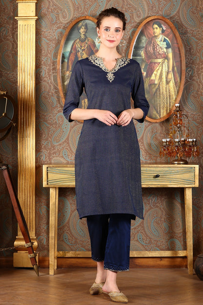 W for Woman Blue Striped Yarn-Dyed Embroidered Straight Cotton Kurta