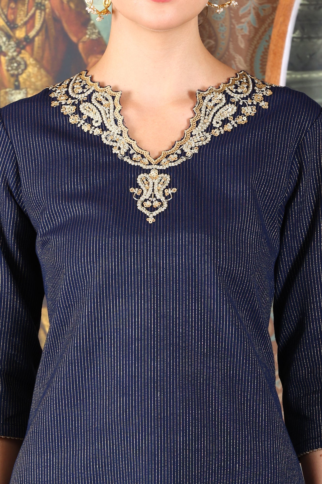 W for Woman Blue Striped Yarn-Dyed Embroidered Straight Cotton Kurta