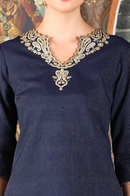 W for Woman Blue Striped Yarn-Dyed Embroidered Straight Cotton Kurta