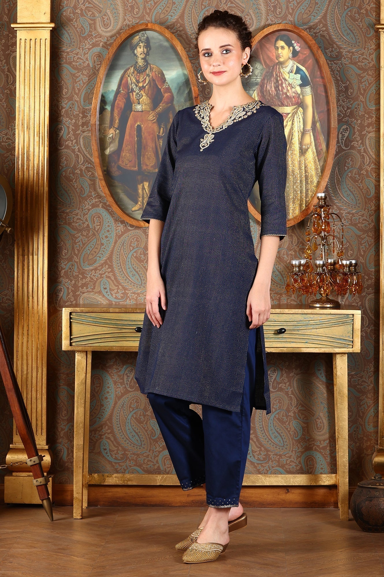 W for Woman Blue Cotton Lurex Festive Kurta With Embroidered Neckine