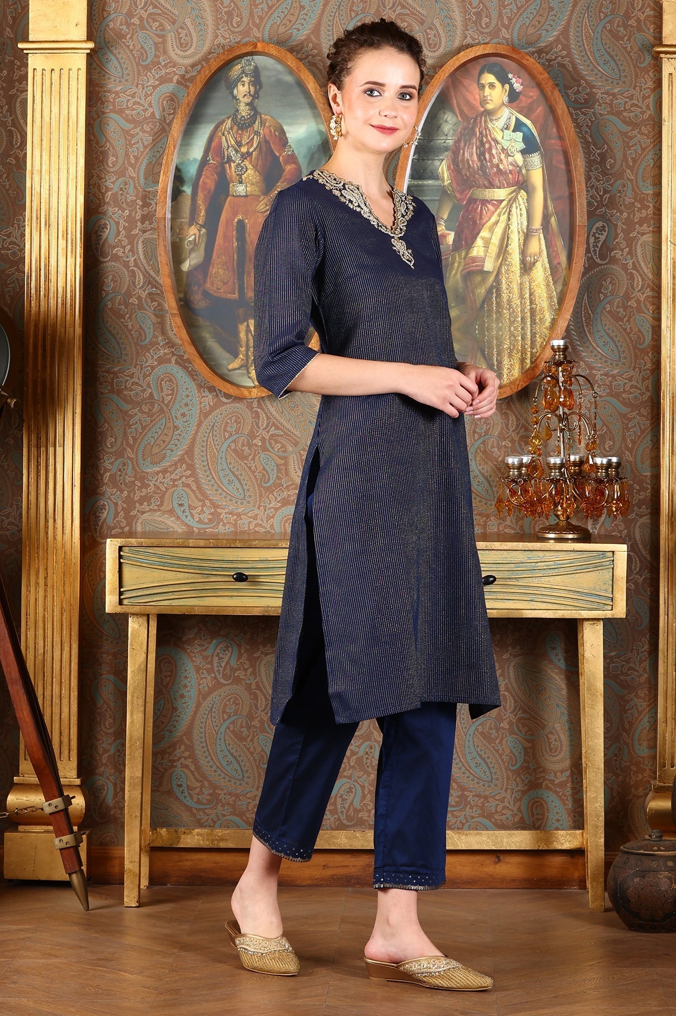 W for Woman Blue Striped Yarn-Dyed Embroidered Straight Cotton Kurta