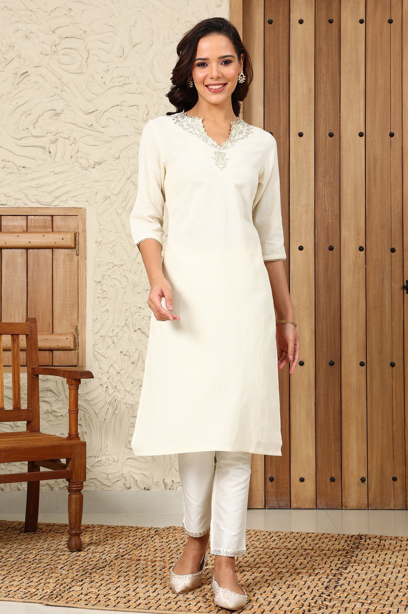 W for Woman White Striped Yarn-Dyed Embroidered Straight Cotton Kurta