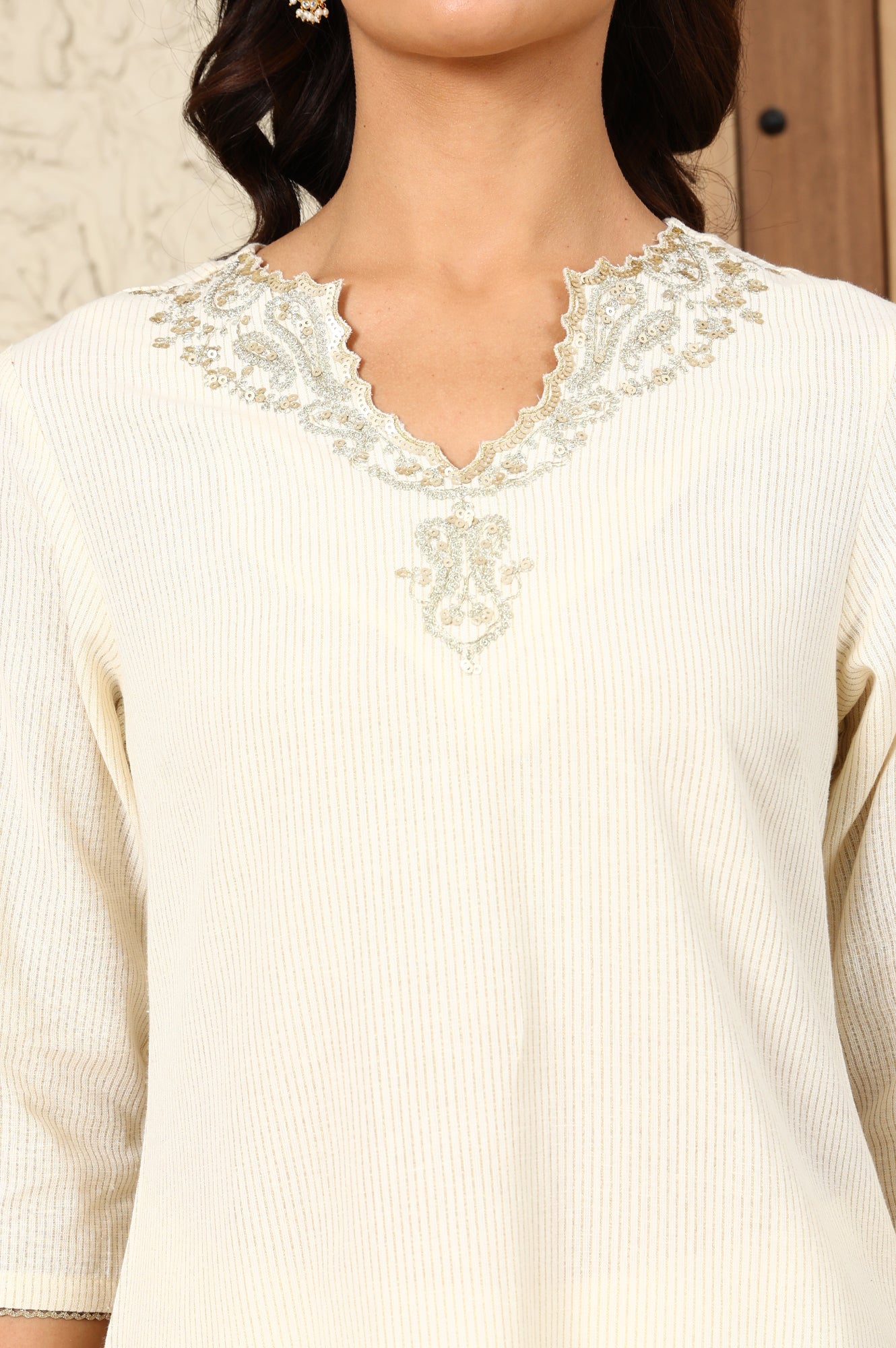 W for Woman White Yarn-Dyed Embroidered Cotton Flax Straight Kurta With Lurex Stripes
