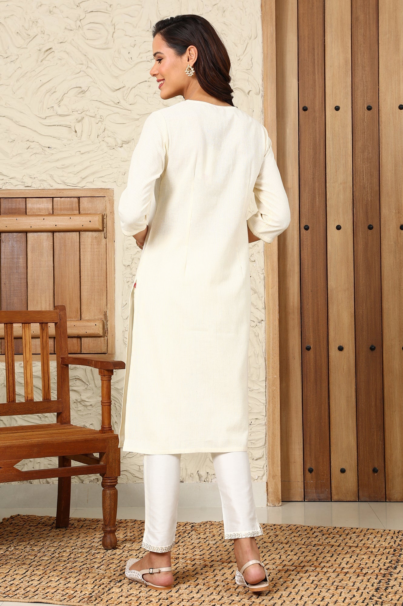 W for Woman White Striped Yarn-Dyed Embroidered Straight Cotton Kurta