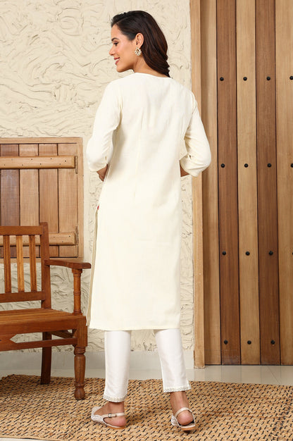 W for Woman White Striped Yarn-Dyed Embroidered Straight Cotton Kurta