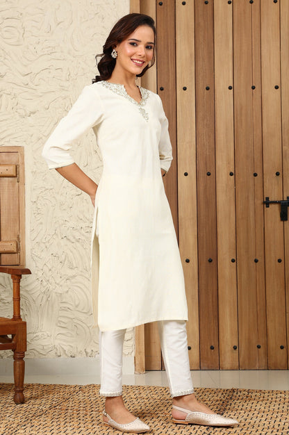 W for Woman White Striped Yarn-Dyed Embroidered Straight Cotton Kurta